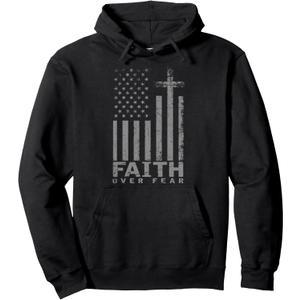 USA Flag Patriotic American Gift Faith Over Fear Prayer Pullover Hoodie, Black, S