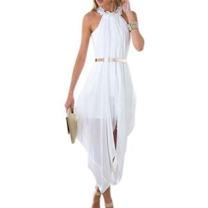 Women's Sheer Chiffon Folds Hi Low Loose Dress Delicate Gold Belt (Large)