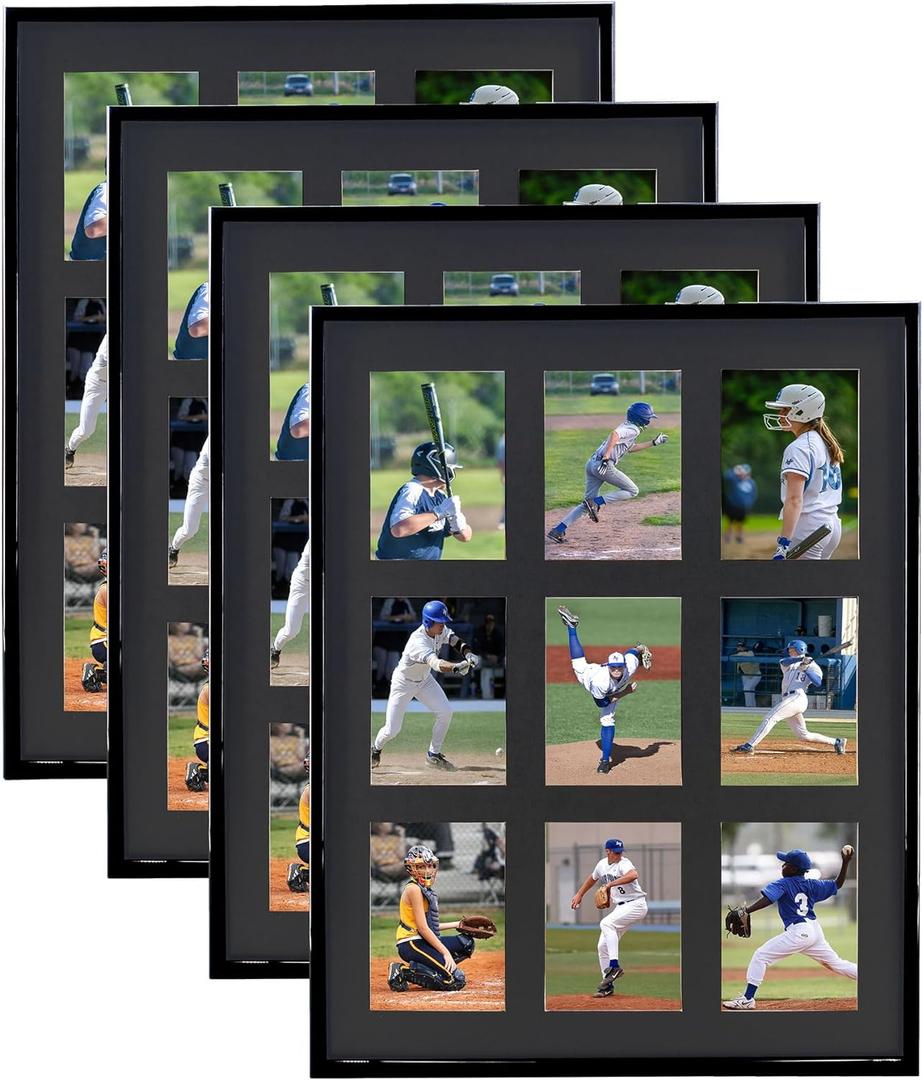 Baseball Card Display Frame for 9 Standard Cards, 4 Pack, UV Protection, Black Pasted Double Mats, Sports Card Collector Wall Display, Holder for Trading Card Basketball Football Hockey Cards