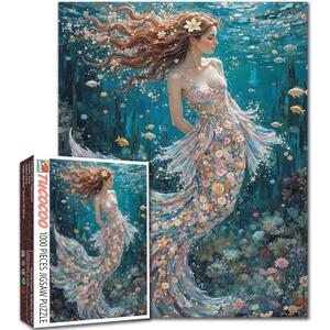 Mermaid Girl Jigsaw Puzzle 1000 Pieces Puzzles for Adults, Underwater Sea Painting Jigsaw Puzzle for Challenging Family Activity Games Colorful DIY Puzzle for Home Decoration Gifts 20 x 27 Inches