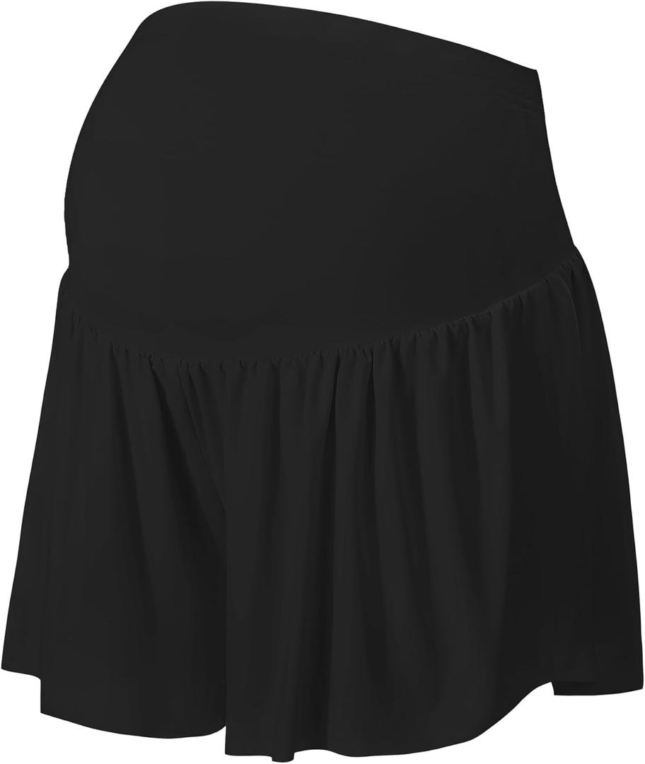 EXARUS Maternity Shorts Flowy Butterfly Pregnancy Skirt Athletic Skort Workout 2 in 1 Gym Active Over The Belly (Large, Black)