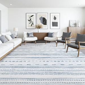 10x14' Area Rugs for Living Room Machine Washable Rug Distressed Indoor Carpet Neutral Moroccan Boho Rug Ultra Soft Area Rug for Bedroom Dining Room Playroom Office, Blue