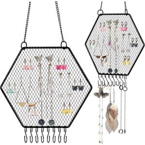 Jetec 2 Pcs Earring Wall Holder Wall Mounted Earring Organizer Hanging Jewelry Stand Decorative Diamond Grid Shape Display Rack with Hooks for Earrings Necklace Bracelet(Black)