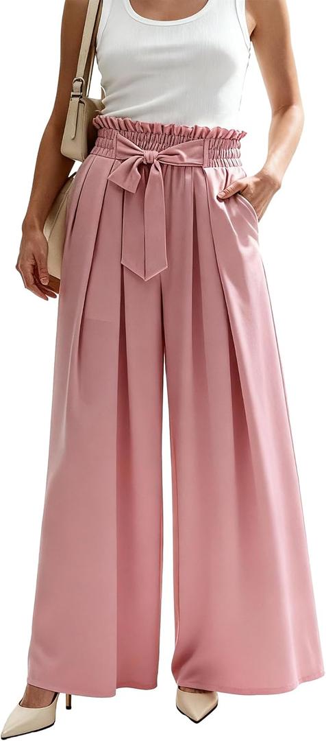 Wide Leg Casual Business Pants for Women Palazzo Trousers High Waisted Belted Flowy Summer Beach Long Slacks Pockets (Pink, L)