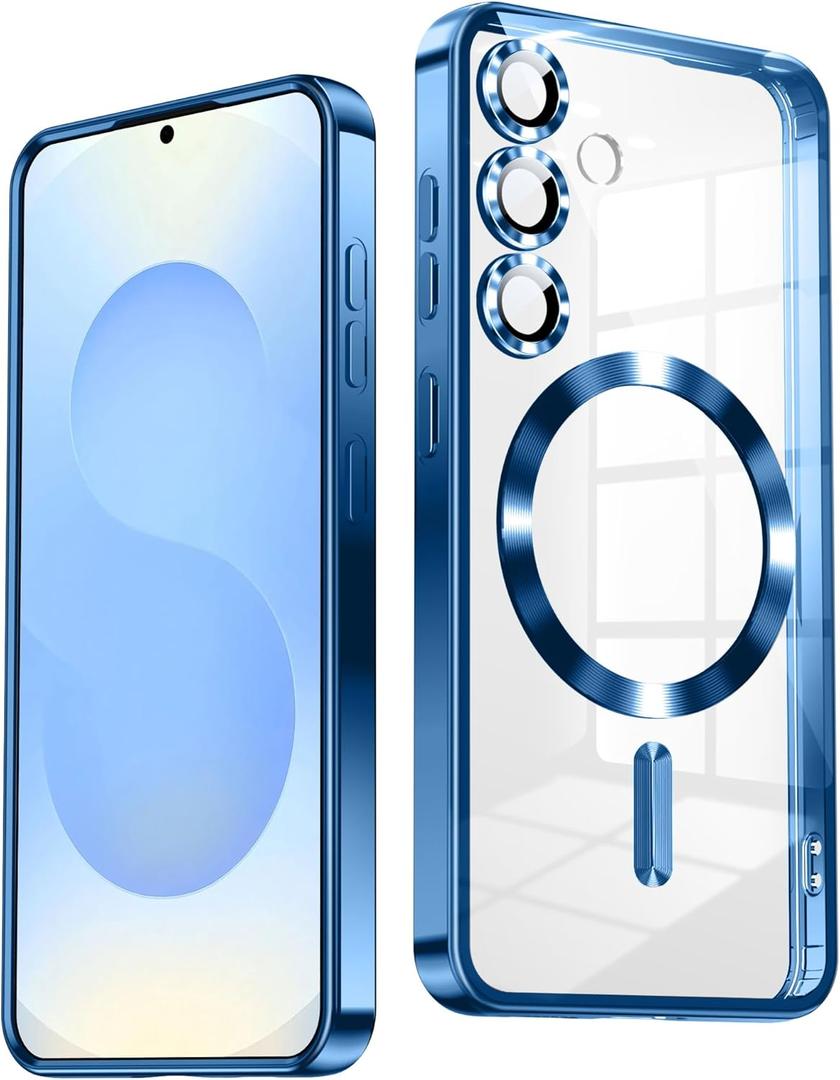Slim Thin for Samsung Galaxy S25 Case, Compatible with MagSafe, Built-in Camera Lens Protector, Shockproof Protective Phone Case, Soft Electroplated Clear Phone Cover, Sapphire Blue
