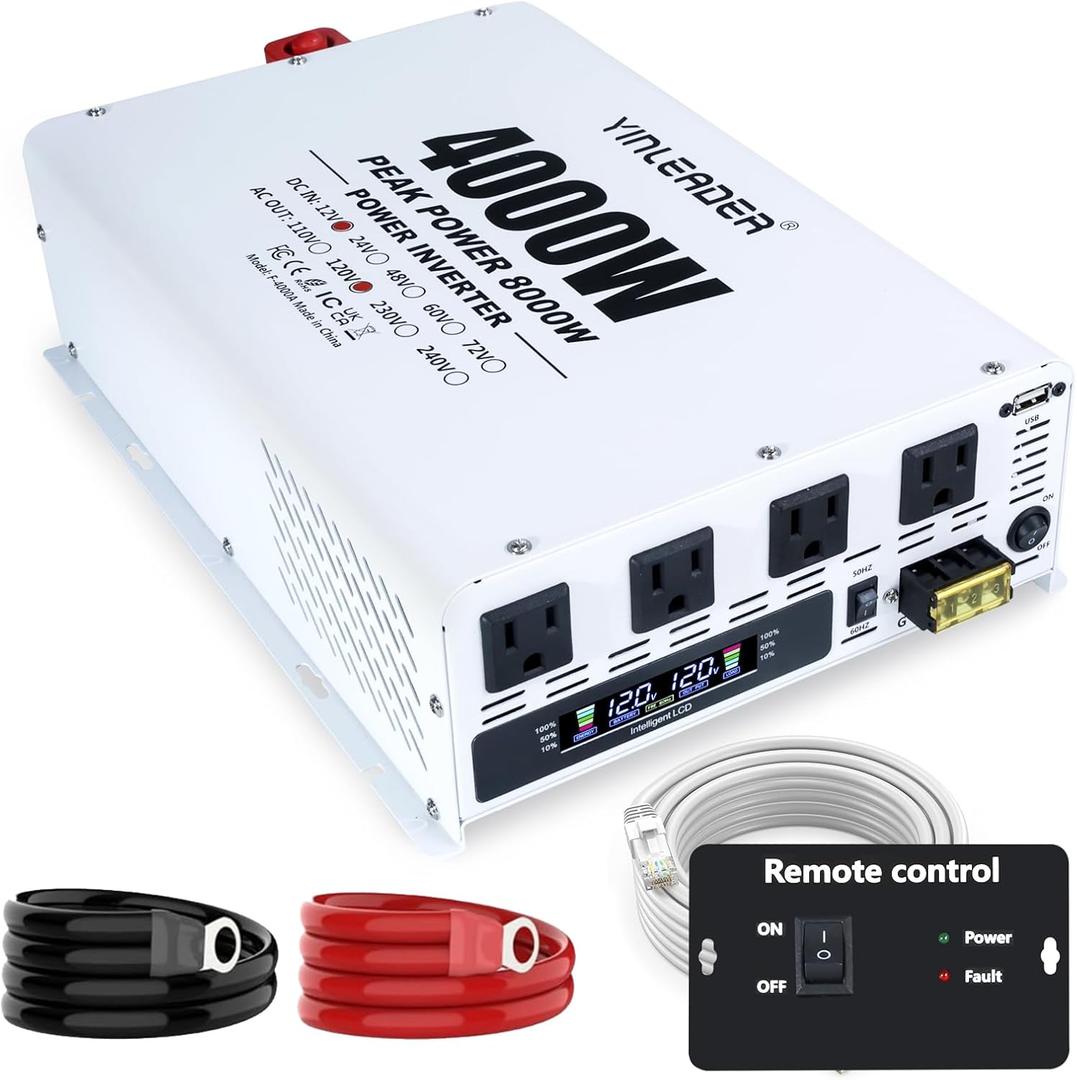 4000W Power Inverter 12V DC to 110V 120V AC (Peak 8000W) for RV, Truck, Off-Grid, Solar, Home & Vehicles | 4 AC Outlets, 3.1A USB Port | LCD Display, Remote Controller (16.5Ft Cable) & Hardwire Kit