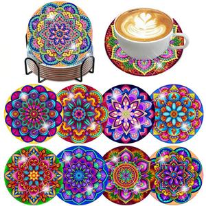 ijbnhd Mandala Diamond Painting Coasters Kit with Holder, DIY Diamond Art Coasters Cork Wooden Pad Board Double Layer is Strong and Wear-Resistant for Beginners Adults Art Craft Supplies Gift 4X4IN