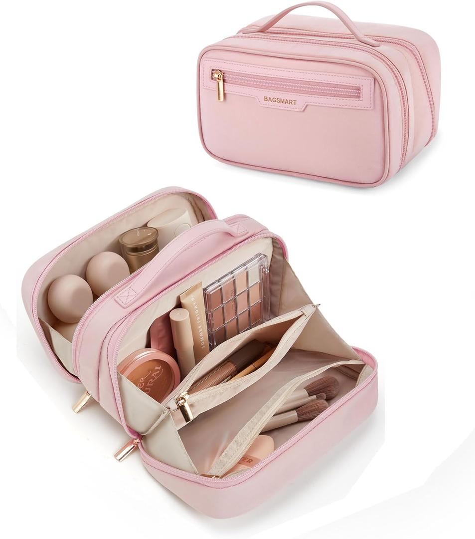 BAGSMART Travel Makeup Bag, Make Up Bag with Multiple Compartments for Organizer, Compact & Durable Cosmetic Organizer for Women for Travel Accessories (Pink
