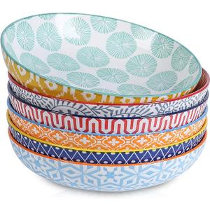 Selamica Porcelain 26 Ounce Pasta Bowls Set of 6, 8 inch Wide and Shallow Salad Bowls, Serving Bowls, Microwave & Dishwasher Safe, Sturdy & Stackable, Variety of Colors