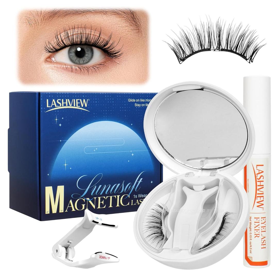 LASHVIEW Magnetic Eyelashes with Applicator Upgrade Soft Magnetic Eyelashes Natural Look Reusable No Glue or Eyeliner Needed Easy to Wear and Remove (RC01)