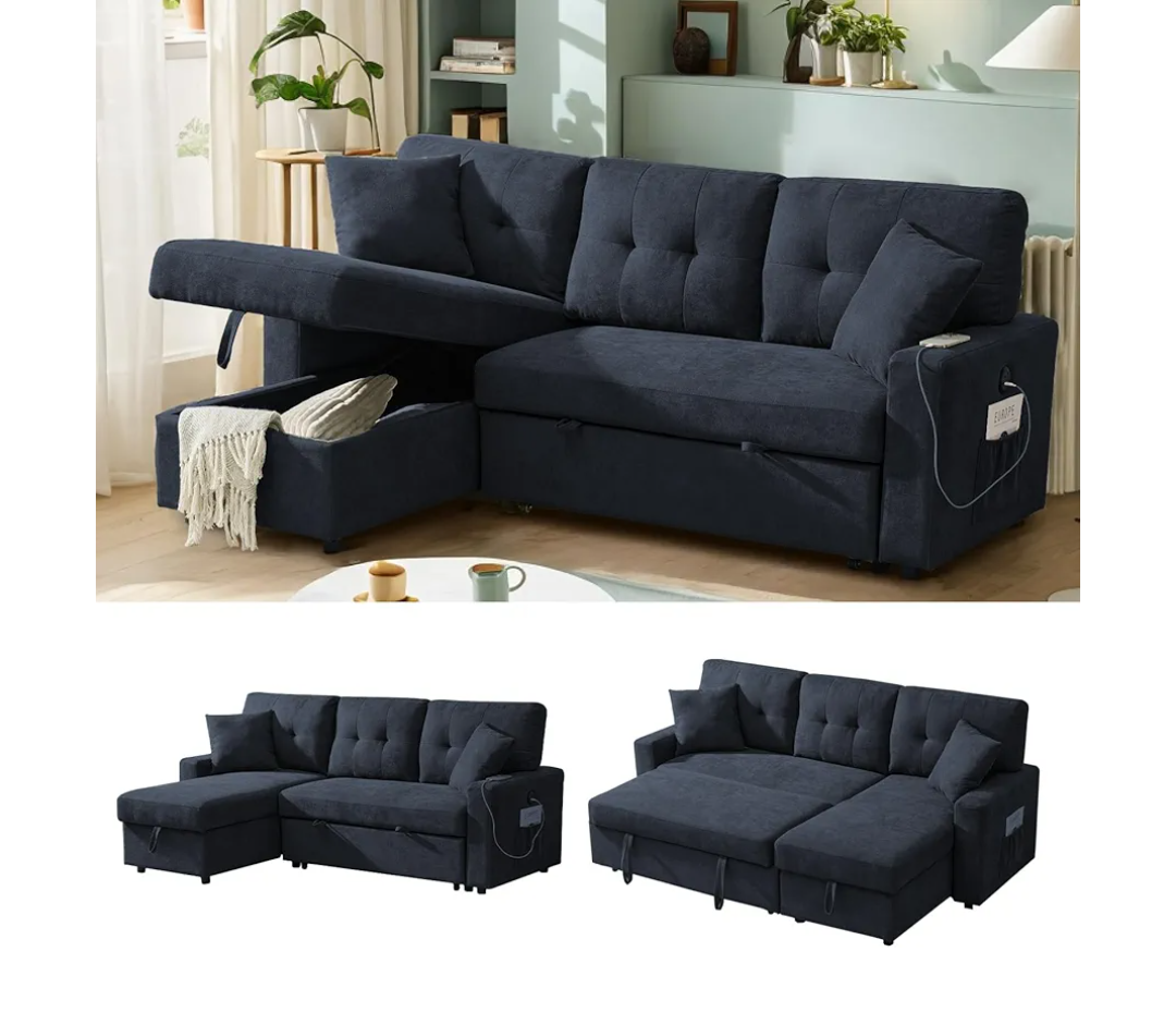 NicBex Modern L-Shaped Sofa Bed with Reversible Storage Chaise – Black Convertible Sectional with USB Ports – 3-in-1 Sleeper Pull Out Couch for Living Room, Apartments & Small Spaces