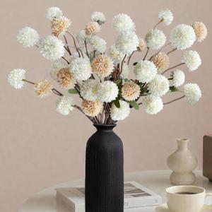 10 Pcs Fake Flowers, Artificial Mums With Long Stems, Faux Pompon Mums Floral Arrangement, 2 Mixed Colors Plastic Flowers Silk Dried Flowers Home Decor, Fall Decorations For Home Vase(No Vase) (White Champagne)