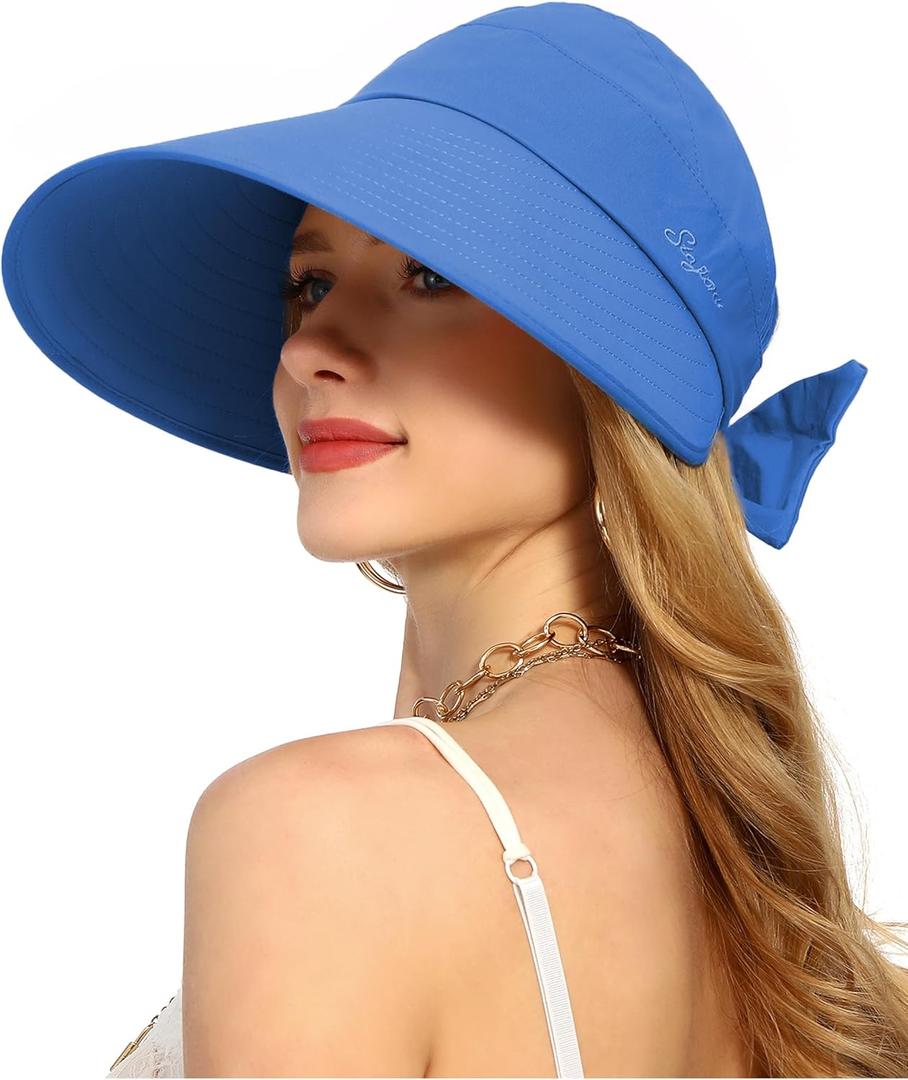 Rulala Fancy Sun Hats for Womens Wide Brim Visor UV Protection Hat for Beach Summer Packable Cap (Blue)