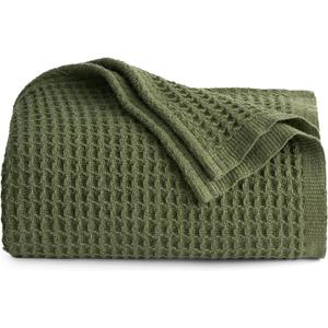 Bedsure Gentlesoft 100% Cotton Throw Blanket for Couch 50x70 inches - Cooling Breathable and Soft for Summer, Waffle Weave Throw Blanket for Office, Olive Green