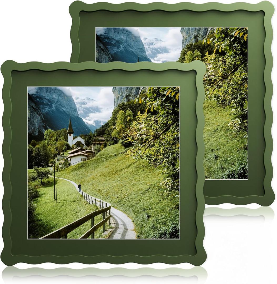 12x12 Wavy Picture Frame With Mat For 8x8, Wavy Edge Wooden Picture Frame with Real Glass - Wall Mount Display, Green, 2 Pack