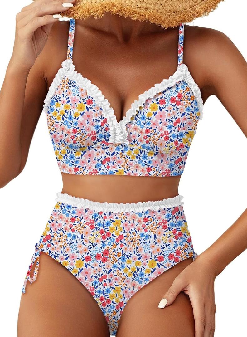 Herseas Women's Splice Ruffle Trim Bikini Sets Tie Side Swimsuits High Waisted Bathing Suits (L)