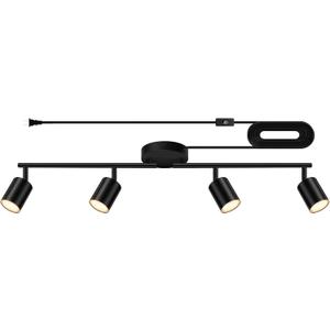 Plug in Track Lighting LED, Track Lighting Fixtures Ceiling, Black 4-Light Kitchen Light Kit, Plug in Wall Light with 14.8ft Power Cord, Rotatable Ceiling Spotlight for Bedroom(GU10 Socket, NO Bulb)