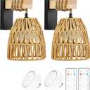 Battery Operated Wall Sconces, Set of 2 Rattan Boho Wireless Sconce with Remote Control, Ideal for Bedroom, Living Room, Entryway  LED Wall Sconce