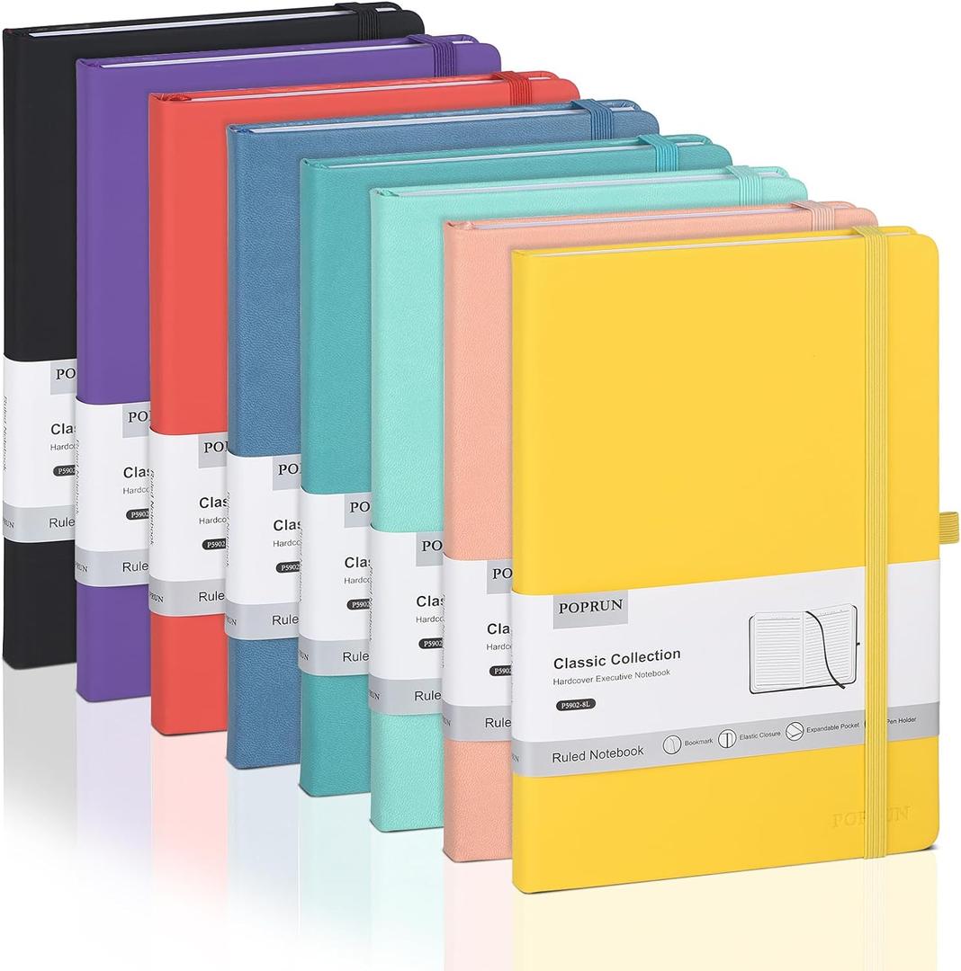 POPRUN A5 Lined Journal Notebooks, 8 Pack Leather Hardcover Thick Notebook for Writing, Business Work, Travel, School, College, 5.5 x 8.3 inch, 240 Pages Classic Ruled Journals Notepad, Multicolored (Black,Purple,Red,Yellow,Green,Pink,Blue,Turquoise)