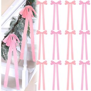 12 Pcs Pink Velvet Christmas Bows 10 x 24inch Extra Large Christmas Bow with Extra Long Tail Neutral Holiday Decor Velvet Ribbon Bows for Xmas Garland Fireplace Stairs Mirror Door