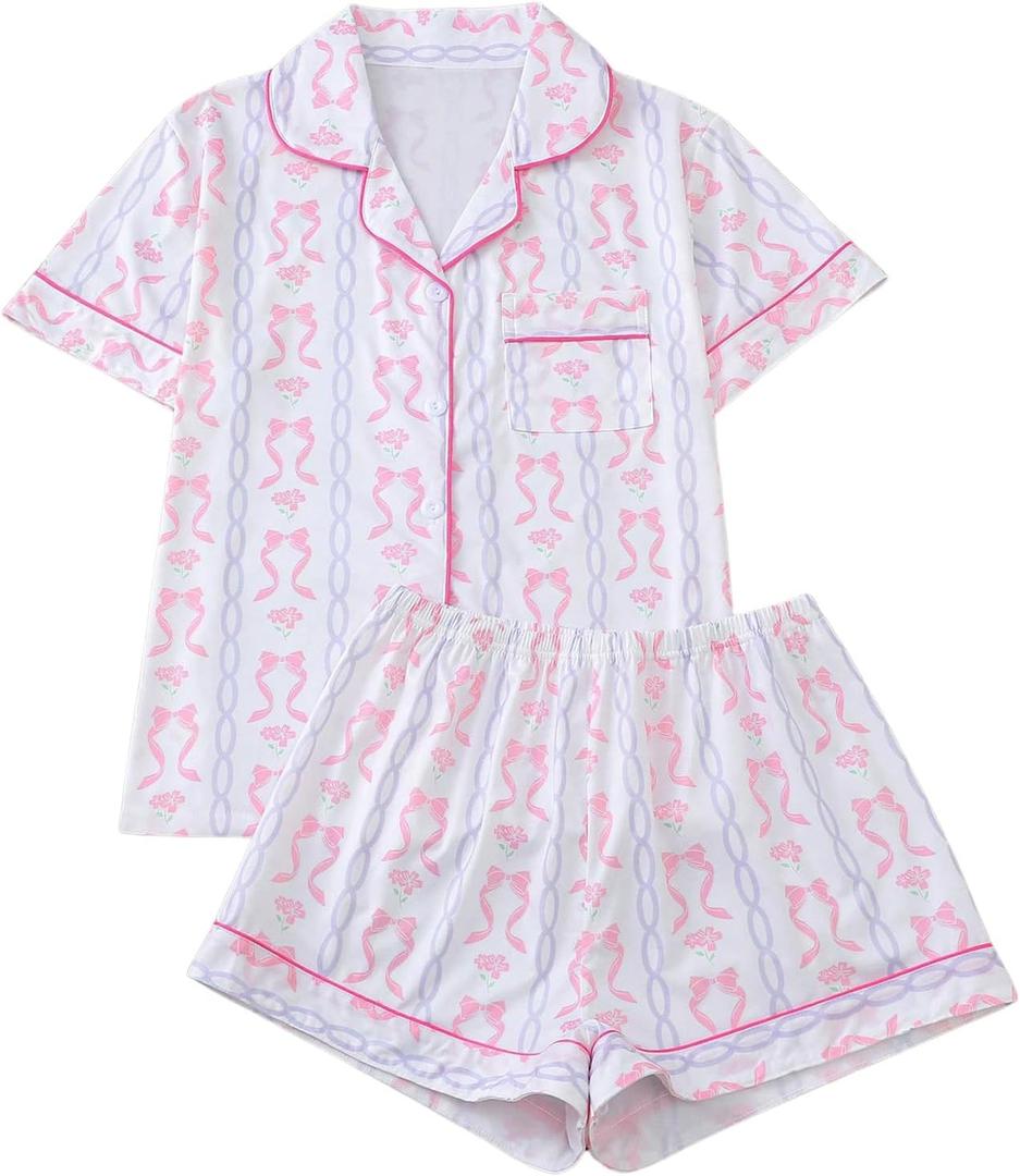WDIRARA Women's 2 Piece Bow Cherry Print Pajama Set Short Sleeve Button Down Shorts Sleepwear Pjs (Pink, XL)