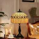 Tiffany Table Lamp, Gold Stripe Stained Glass Shade Bedside Table Lamps,Hand-Made Antique Nightstand Lamp for Bedroom Living Room Home Office+E26 LED Bulb,12X12X19 Inches