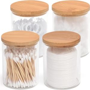 4 Pack Glass Qtip Holder Dispenser Set - Apothecary Jars with Lids for Vanity Makeup Organizer - Bathroom Canister Storage Organizer for Cotton Ball, Swab, Round Pads, Floss