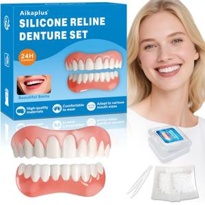 Moldable False Teeth - Veneers Teeth for Women & Men, Silicone Dentures Set for Both Upper and Lower, Temporary Dentures DIY at Home Within Minutes Fix Your Smile