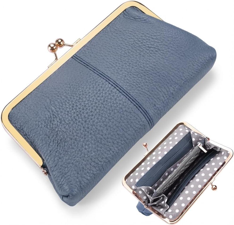 Geninue Leather Wallet with RFID Blocking Clutch Kiss Lock Purse,Multi-Compartment Card Holder,Phone Bag for iPhone 17 16 15 14 13 Pro Max,Gift for Women Mum Daughter Granddaughter (Blue)