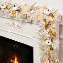 Waipfaru 2Pcs 5.8ft Fall Garland with Lights, Mantle Fireplace Autumn Garland with Pumpkins, Berries, Silk Material, White, L-Shaped, Indoor/Outdoor Porch Thanksgiving Halloween Decorations