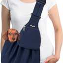 SlowTon Dog Carrier Sling - Thick Padded Shoulder Strap Adjustable Dog Carriers for Small Dogs, Puppy Carrier Purse for Pet Cat with Front Zipper Pocket Safety Belt Machine Washable (Dark Blue, L) (F-Navy Knitted Fabric)
