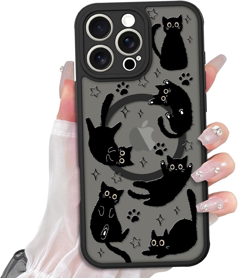 Cute Magnetic Case for iPhone 16 Pro Max Case [ Compatible with MagSafe ] with Black Cat Cats Pattern Design for Women Girls Boys, Soft Bumper Hard Back Kawaii Animal Protective Phone Cover