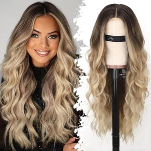 Eawwii Ombre Blonde Wig for Women Long Wavy 4x1 Lace Natural Hairline Glueless for Beginners Middle Part Synthetic for Daily Party Use 26Inch