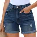 Utyful Jean Shorts for Women High Waisted Trendy Casual Summer Distressed Jorts Ripped Fold Hem Stretchy Denim Shorts, Medium, Darkness Blue