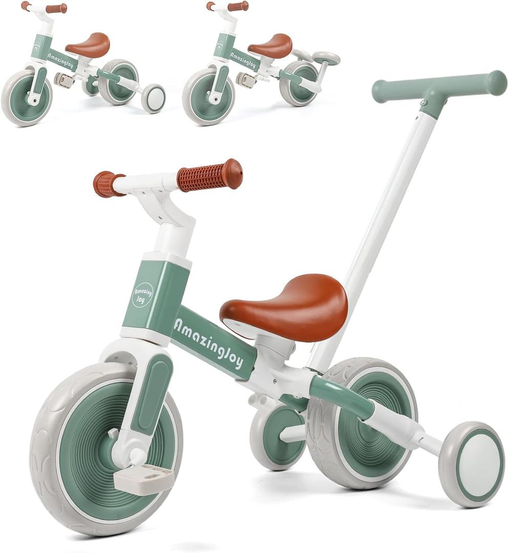 6in1 Toddlers Tricycle Baby Balance Bike, Kids Steering Push Handle Bicycle with Removable Pedals, Adjustable Seat,Training Wheels Toys 18 months+ Birthday Gifts for Boys Girls 2 3 4 Year Olds, Mint