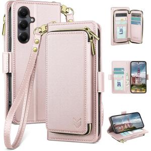 DJBEAR for Samsung Galaxy S25 Plus Wallet Case for Men & Women, All-in-One Flip Folio Cover with 9 Card Slots, Zipper Pocket, Detachable Wrist Strap, Full Body Protection for Samsung S25Plus Rose Gold