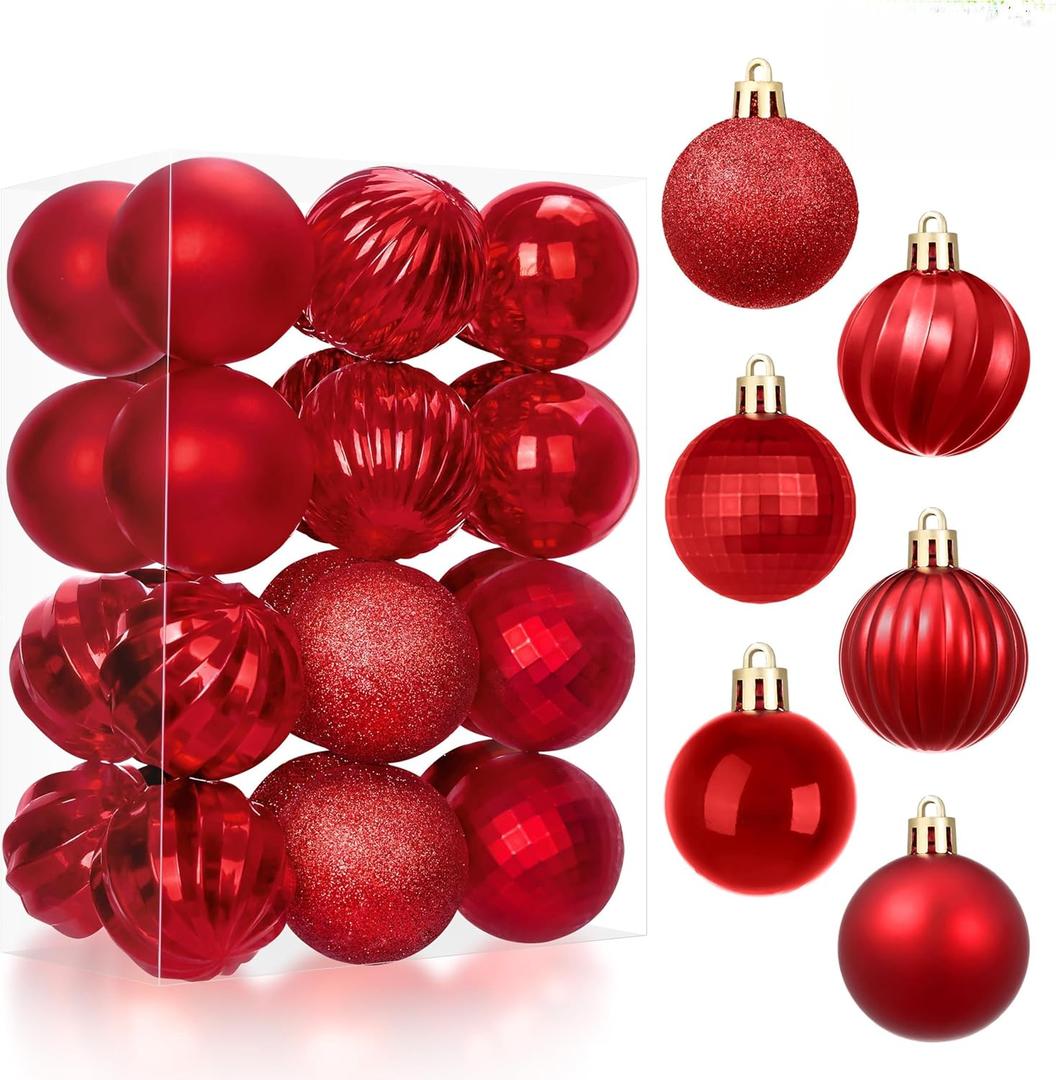 JOIEDOMI 24 Pcs Red Christmas Balls Ornaments Set, 1.6" Small Shatterproof Christmas Tree Ornaments, Xmas Hanging Balls Decorations for Tree Wreath Garland Holiday Wedding Party Indoor Decor