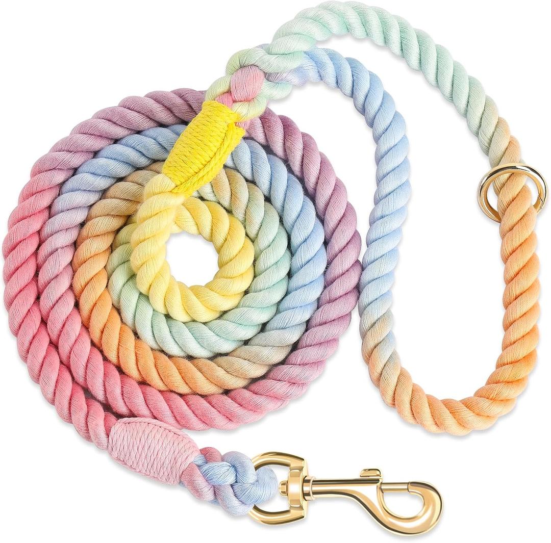 Dog Leash 6 FT Handmade Braided Cotton Rope Leashes for Small Medium and Large Dogs, New Golden Heavy Duty Metal Clasp, Colorful Macaron