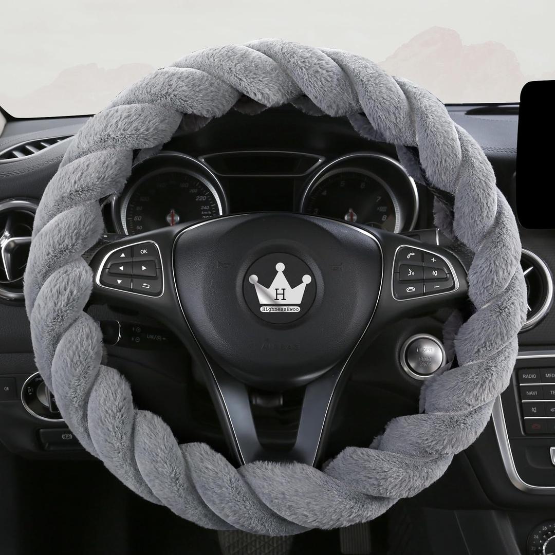 Luxury Fluffy Winter Car Steering Wheel Cover for Women Soft Warm Plush Cute Auto Accessories for Vehicle, Sedan, Universal, Fuzzy, Anti Slip, Gray, Standard Size, 14.75-15.15"