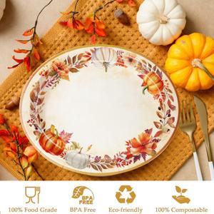 QIYANPAX Thanksgiving Paper Plates Large 9"x11" – Fall Watercolor Pumpkins Leaves Disposable Plates for Autumn Harvest Party, Dinner, Holiday Table Decor 25 PCS