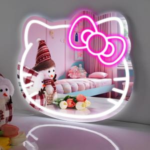 Hello Kit Vanity Mirror with Neon Sign 16 x 14inch Large Size, Hello Kit led Mirror Adjustable Brightness USB Powered, Pink Bow, Girl Room Decor Mirror, Women Wall Makeup Mirror for Bedroom