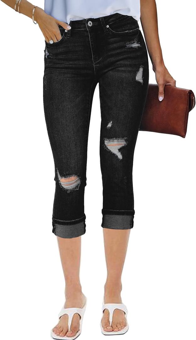 luvamia Capri Jeans for Women Stretch High Waisted Distressed Denim Capris Ripped Skinny Cropped Pants (X-Large, Black)