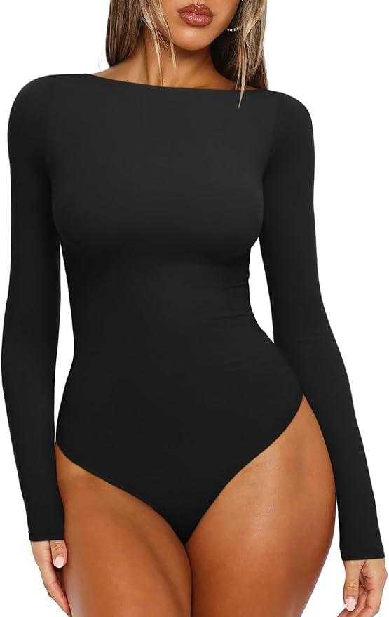 REORIA Women's Boat Neck Long Sleeve Bodysuit Basic Going Out Body Suits Tops 2025 M