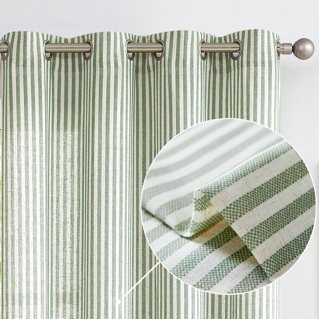 Vangao Linen Blend Stripe Curtains Tickingstripe Light Filtering Window Curtains Green Pinstripe Printed on Beige Drapes 63 Inches Length for Living Room Bedroom Grommet Top 2 Panels