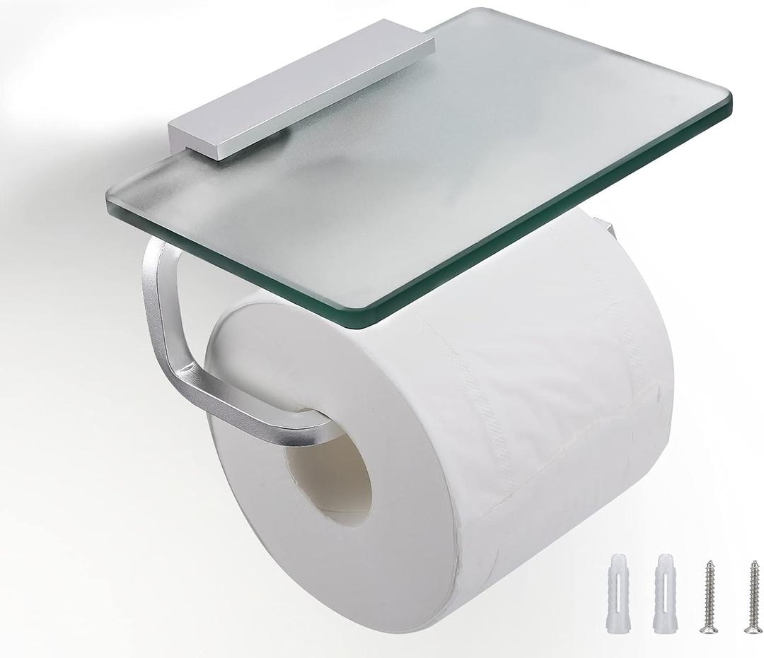 Toilet Paper Holder Bathroom Paper Toilet Roll Holder Hanger,Toilet Paper Holder with Shelf, Glassed Steel Frosted Silvery Lavatory Tissue Holder with Mobile Phone Storage Rack (Silvery)