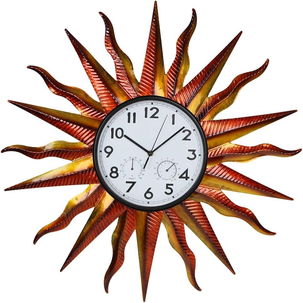 Large Outdoor Clock with Thermometer & Humidity - Silent Non-Ticking, Retro Sun Outdoor Wall Clock for Patio, Garden, Kitchen, Living Room(Yellow)