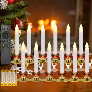 12 Set Christmas Window Candles Lights with Timer Battery Operated Electric LED Taper Candles Flameless for Windows, Gold Candle Holders, Suction Cups & 24 PCS Battery Included (12 Set)