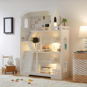 Wooden Dollhouse Bookshelf - Toddler Doll House Bookcase, Extra Space Kids Toy Storage Book Shelf, 3-Tier Children Dollhouse, Pretend Play Toy House (Modern Flat Roof), Extra Large