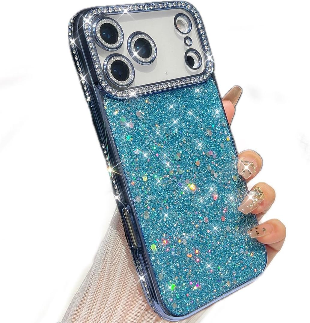 iPhone 17 Pro Max Case, Shockproof Cute Bling Glitter Sparkle Cover Sequin Diamonds Shiny Camera Lens Protector Girls Women Soft Electroplated Case for iPhone 17 Pro Max 6.9 inch, Blue