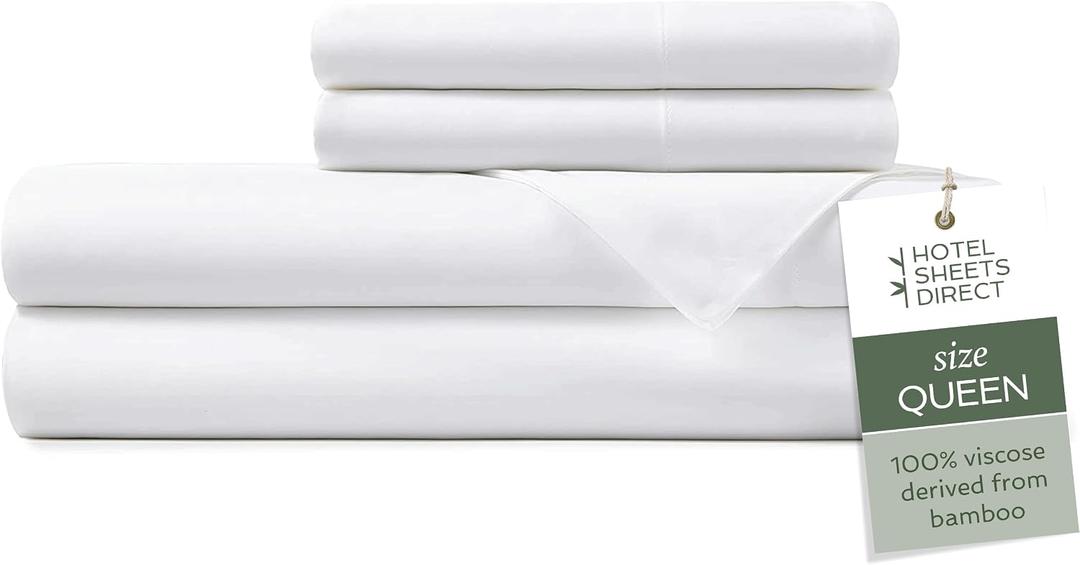 Hotel Sheets Direct 4 Piece Bed Sheet Set Queen Size, 100% Viscose Derived from Bamboo Sheets Set with 2 Pillowcases, Cooling & Breathable Luxury Bedding, Moisture-Wicking & Silky Soft Texture, White